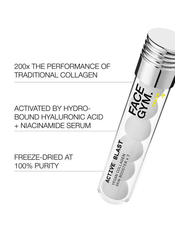 Key claims image. 200 times the performance of traditional collagen. Activated by Hydro-Bound Hyaluronic acid + Niacinamide serum and Freeze-dried at 100% purity.