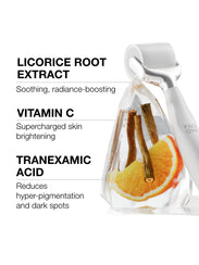 Brightening Active Roller ingredients image with Licorice root for soothing, vitamin c for brightening and tranexamic acid for helping to reduce hyper-pigmentation and dark spots