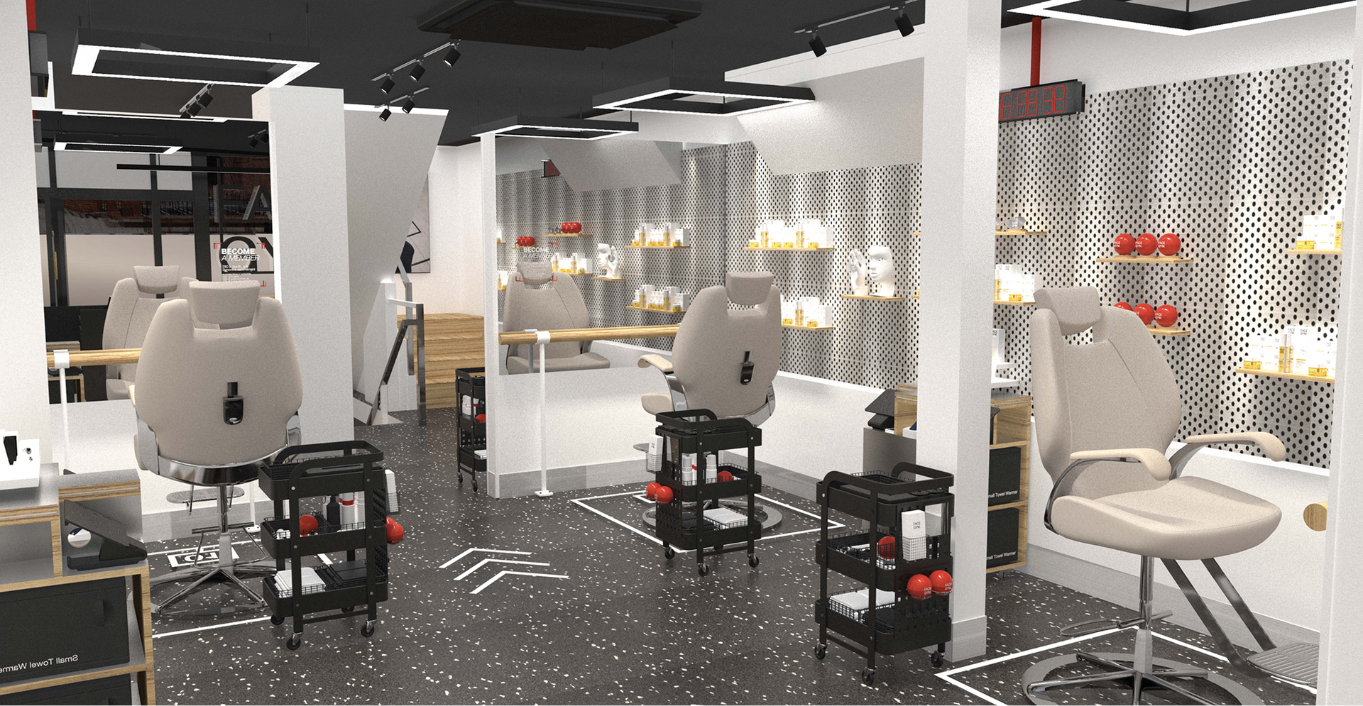 a room with chairs and shelves