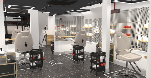 a room with chairs and shelves